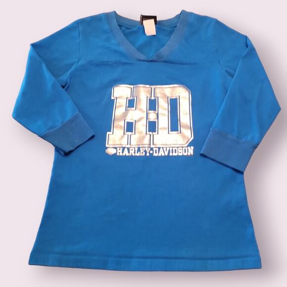 VTG Harley-Davidson Women’s Tee M Blue Sparkle Logo Y2K Made in USA EUC - Picture 1 of 10